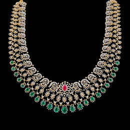 Bridal Diamond Look Necklace with Emerald Drops and Ruby Centerpiece