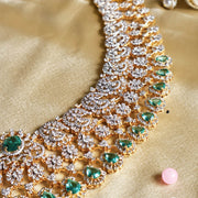 Bridal Diamond Look Necklace with Emerald Drops and Ruby Centerpiece
