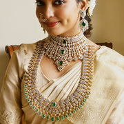 Bridal Diamond Look Necklace with Emerald Drops and Ruby Centerpiece
