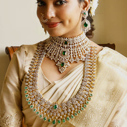 Bridal Diamond Look Necklace with Emerald Drops and Ruby Centerpiece
