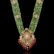 Bridal Green Beaded Multi-Strand Necklace with Polki Kundan Pendant and Ruby Drops – Antique Gold-Plated South Indian Wedding Jewelry