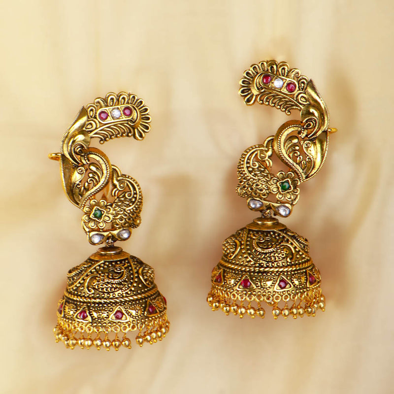 Bridal Peacock Ear Cuffs Nakshi Jhumkas Earrings with Temple Look