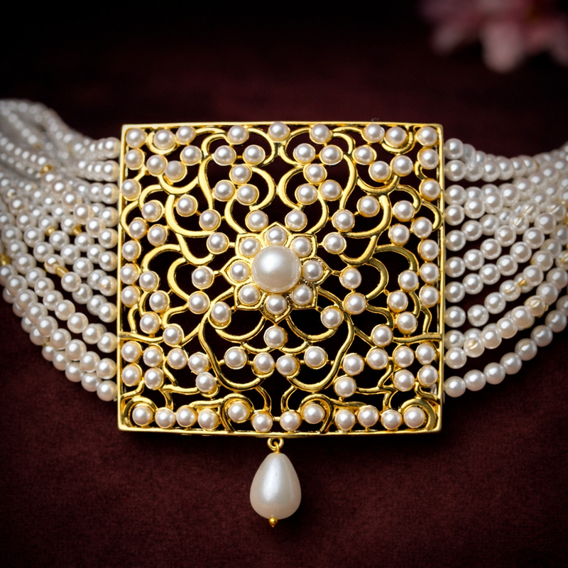 Pearl Choker with Gold Floral Centre & Drop Pearl Design