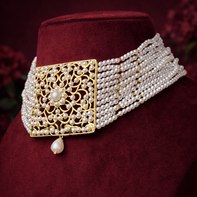Pearl Choker with Gold Floral Centre & Drop Pearl Design