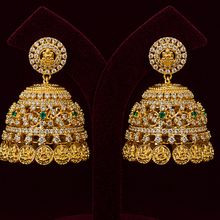 CZ Diamond Kasu Jhumka Earrings with Emerald Stones in Gold Polish