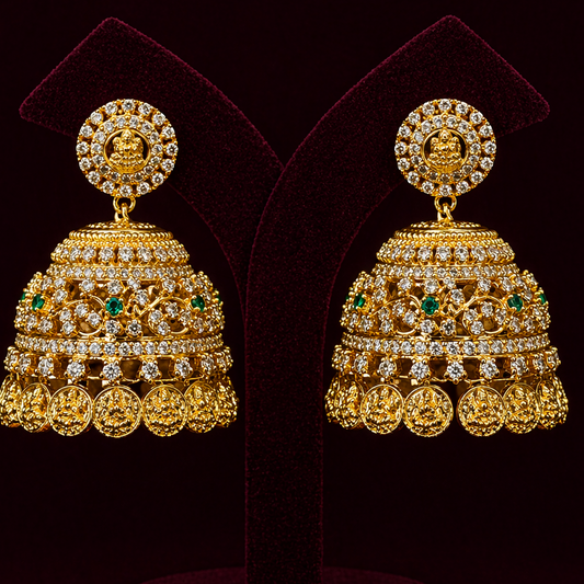 CZ Diamond Kasu Jhumka Earrings with Emerald Stones in Gold Polish