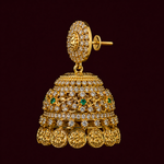 CZ Diamond Kasu Jhumka Earrings with Emerald Stones in Gold Polish