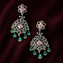 Diamond Look Pink Sapphire Emerald Drop Chandelier Earrings in Silver
