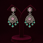 Diamond Look Pink Sapphire Emerald Drop Chandelier Earrings in Silver