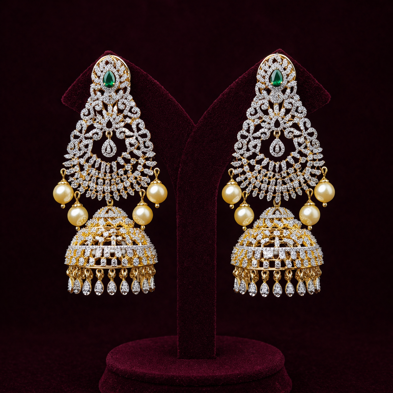 2 Way Wear Diamond Look CZ Jhumka Earrings with Emerald Pearl Drop