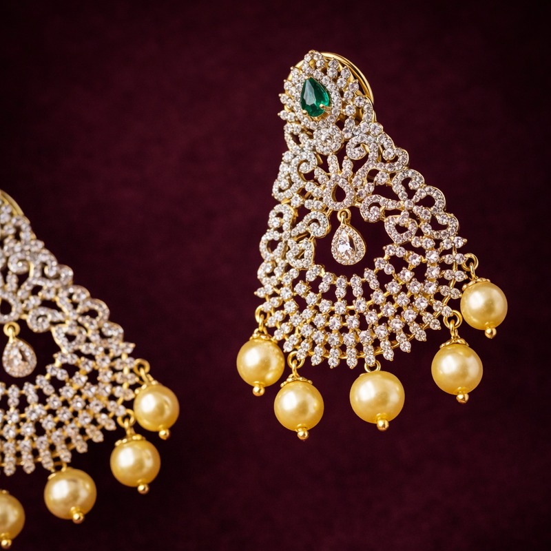2 Way Wear Diamond Look CZ Jhumka Earrings with Emerald Pearl Drop