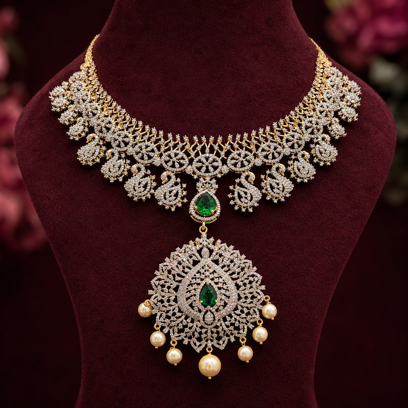 Emerald Peacock Choker Necklace with Statement Pendant