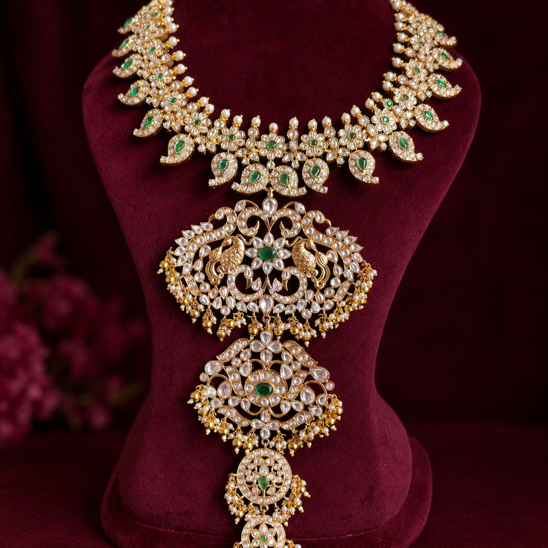 An ornate gold-toned traditional necklace with green and white stones, displayed on a dark burgundy velvet jewelry bust.