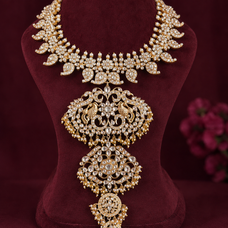An ornate gold-toned jewelry necklace with intricate rhinestone and crystal embellishments, displayed on a dark burgundy velvet bust. The necklace features a wide leaf-patterned collar and a large, symmetrical pendant with peacock motifs and dangling crystal drops.