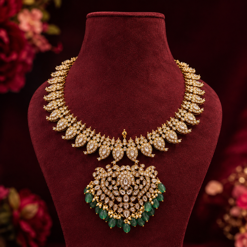 Polki Mango Necklace with Green Drops | Sneha Rateria
