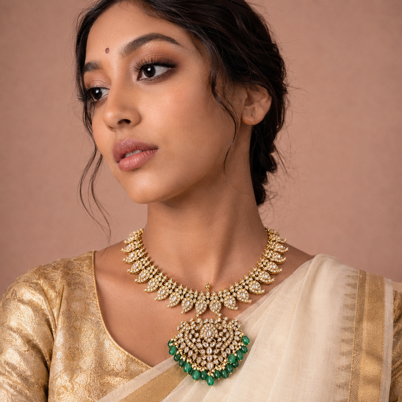 A woman wearing an ornate gold and green traditional necklace with a large pendant, paired with a cream-colored sari. The necklace features intricate gold detailing, clear stones, and green bead accents, set against a solid warm brown background.