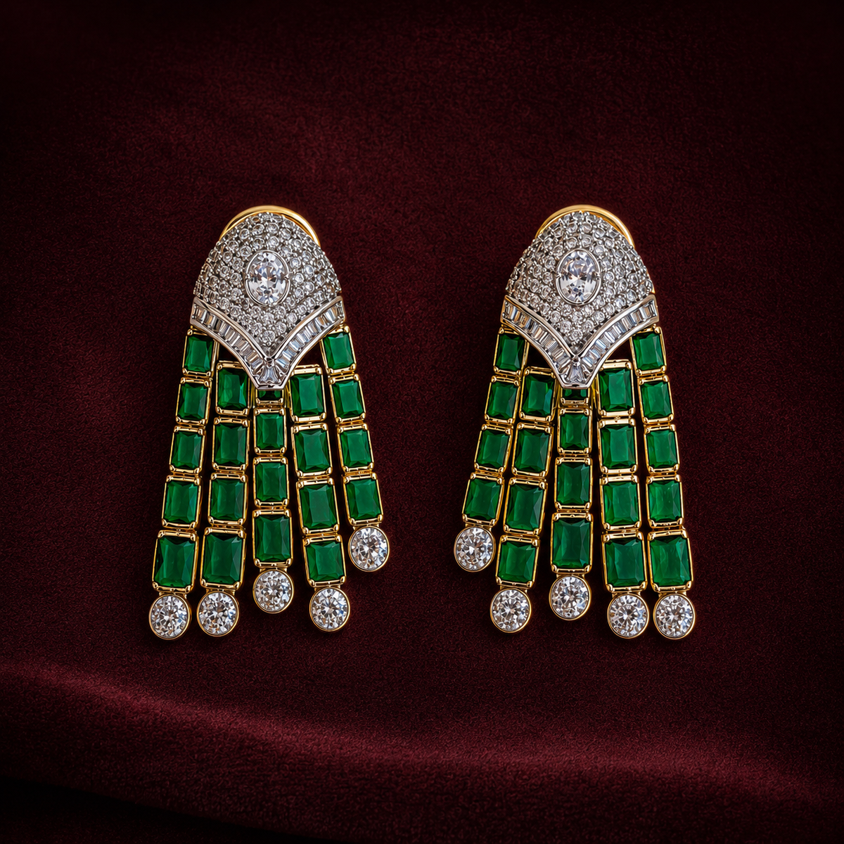 Ready to Ship - Emerald Green Stone and Diamond-Look Tassel Statement Earrings