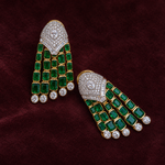 Ready to Ship - Emerald Green Stone and Diamond-Look Tassel Statement Earrings