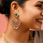 Ready to Ship - Emerald, Ruby and Pearl Chandbali Earrings with Diamond-Style Stones