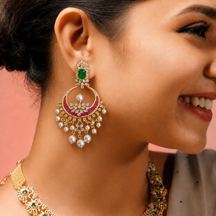 Ready to Ship - Emerald, Ruby and Pearl Chandbali Earrings with Diamond-Style Stones