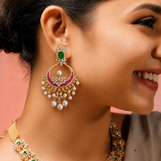 Ready to Ship - Emerald, Ruby and Pearl Chandbali Earrings with Diamond-Style Stones