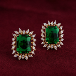 Ready to Ship - Emerald-Cut Green Stone Stud Earrings with Diamond-Style Halo