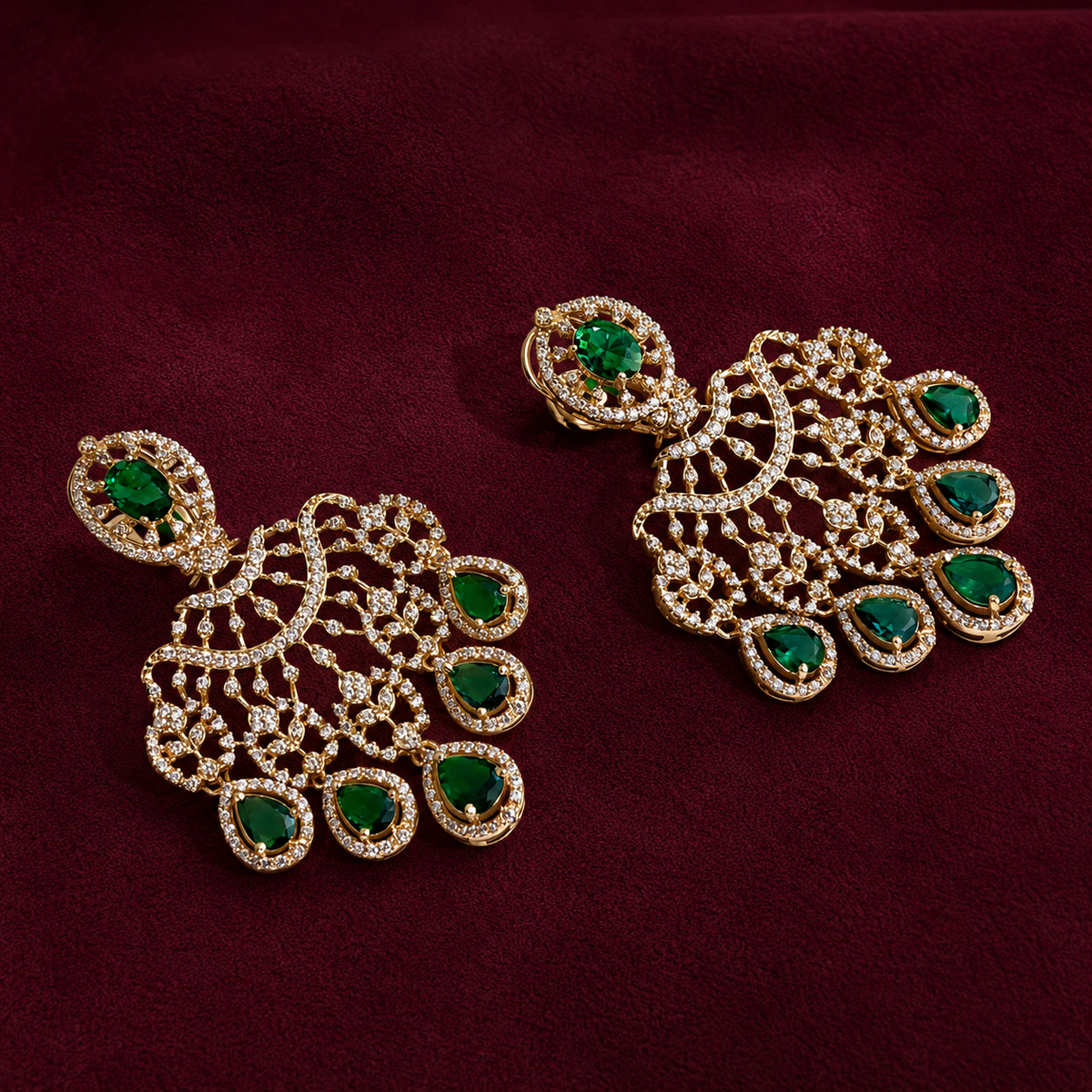 Ready to Ship - Emerald and Diamond-Style Chandelier Earrings with Teardrop Stones