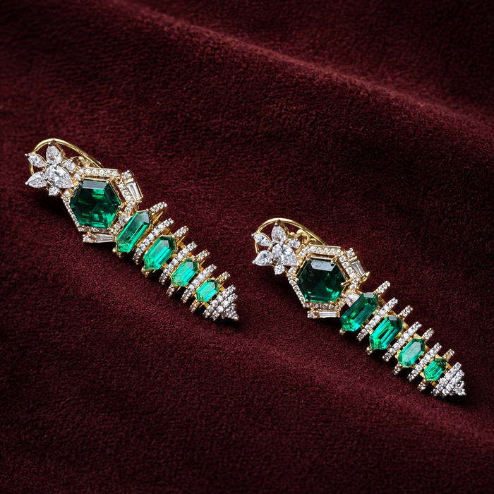 Ready to Ship - Emerald and Diamond-Style Statement Earrings with Pearl Drops