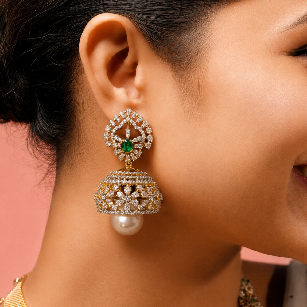 Ready to Ship - Emerald and Diamond-Style Floral Jhumka Earrings with Pearl Drops