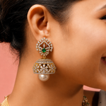 Ready to Ship - Emerald and Diamond-Style Floral Jhumka Earrings with Pearl Drops
