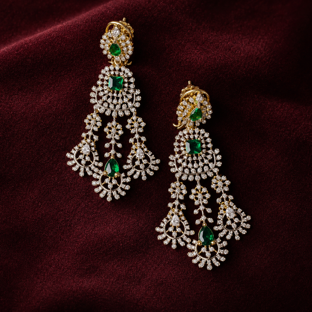Ready to Ship Emerald and Diamond Chandelier Earrings in 18K Gold Polish