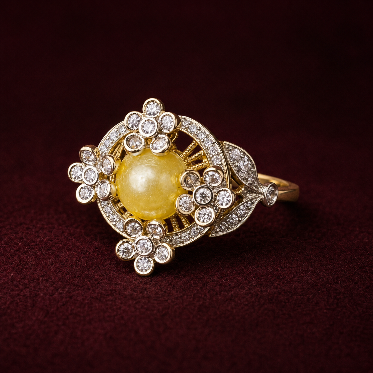 Ready to Ship Yellow Pearl and Diamond-Look Floral Cocktail Ring