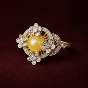 Ready to Ship Yellow Pearl and Diamond-Look Floral Cocktail Ring