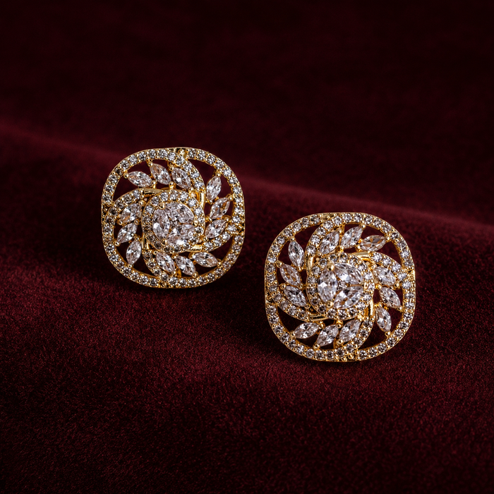 Floral Diamond-Look Statement Stud Earrings in 18K Gold Polish