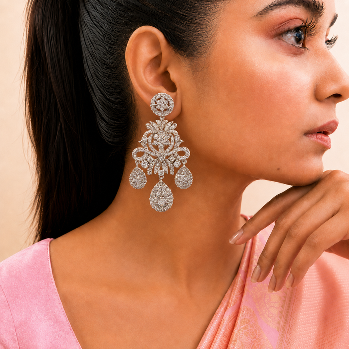 Ready to Ship - Statement Diamond-Look Floral Chandelier Earrings with Teardrop Drops