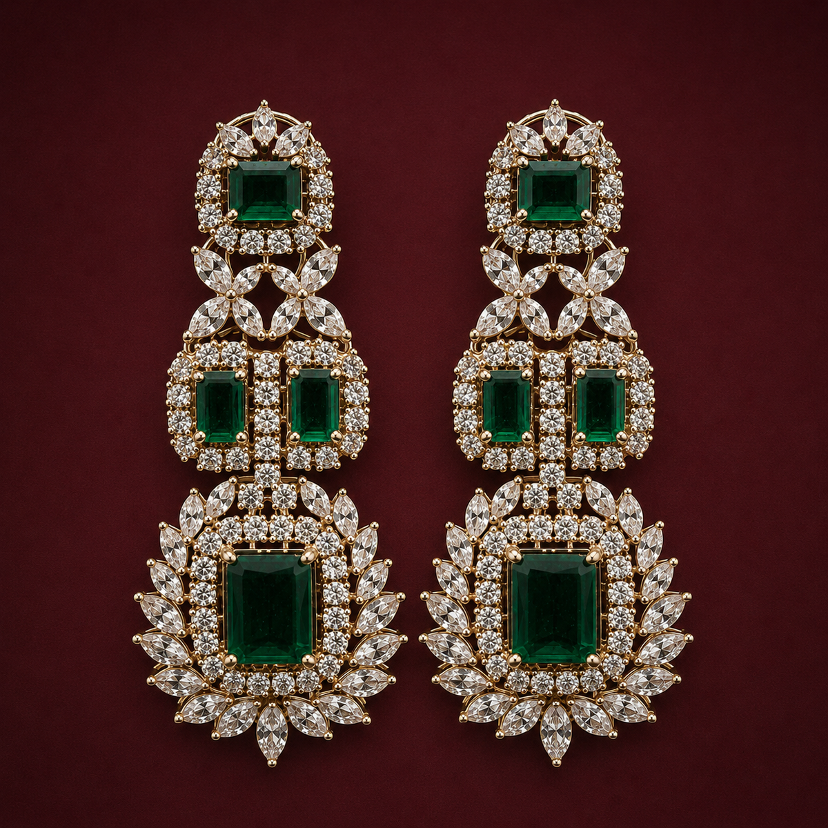 Emerald Green Statement Chandelier Earrings with Diamond-Look Stones