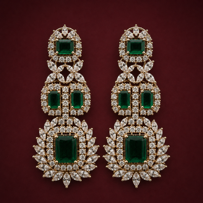 Emerald Green Statement Chandelier Earrings with Diamond-Look Stones