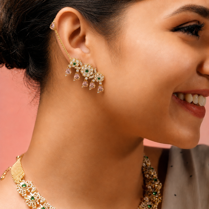 Floral Ear Cuffs with Green Stones and Blush Pink Drops