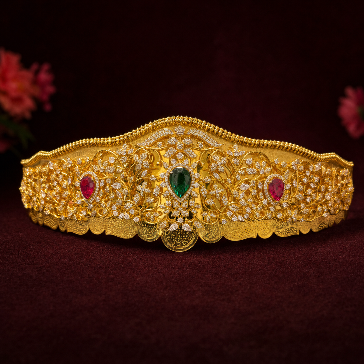 An ornate gold crown with intricate filigree detailing, set with a central green teardrop gemstone and two red oval gemstones, displayed on a dark burgundy background.