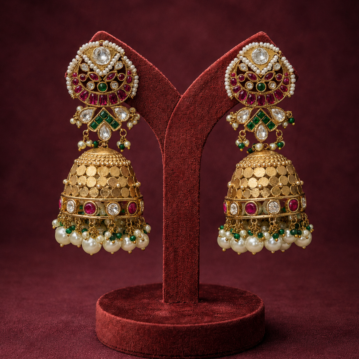 A pair of ornate gold-toned jhumka earrings displayed on a red velvet stand against a dark burgundy background. The earrings feature intricate gold filigree bell-shaped drops, white pearl bead borders, and red and green stone accents.