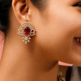 Ruby Red Statement Stud Earrings with White Stones