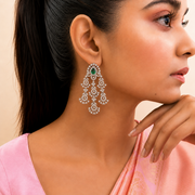 Ready to Ship - Emerald Green Stone Chandelier Earrings in White Polish
