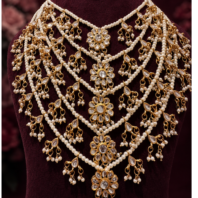 An ornate gold and white pearl choker necklace displayed on a dark burgundy velvet jewelry bust, set against a dark maroon background.