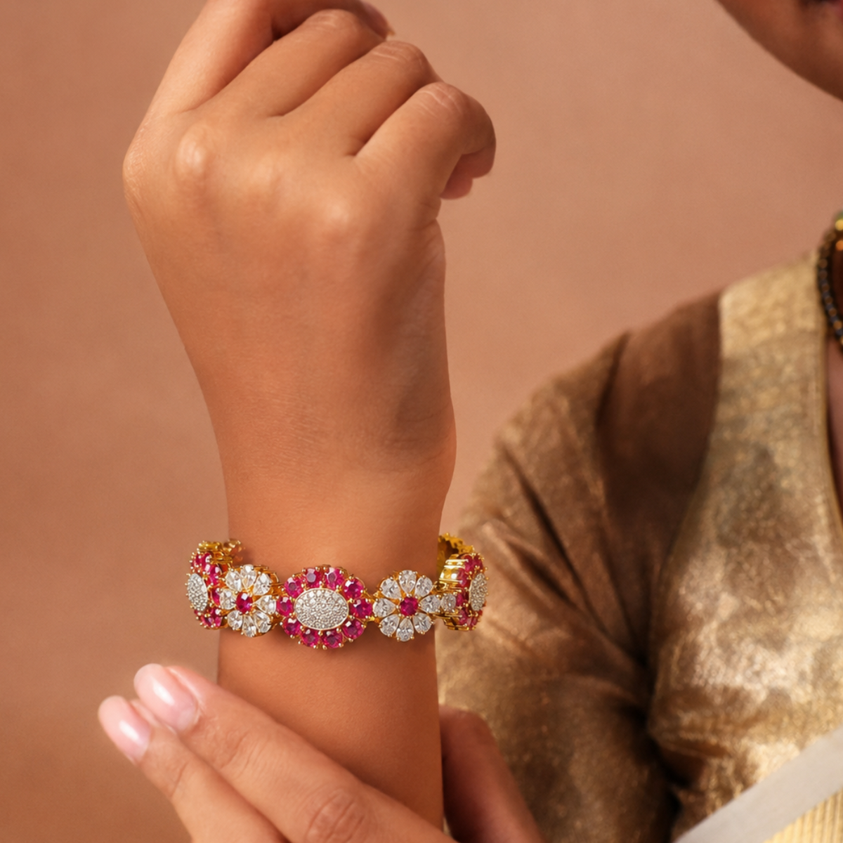 Traditional Ruby Diamond Look Floral Kada Bangle in 92.5 Silver