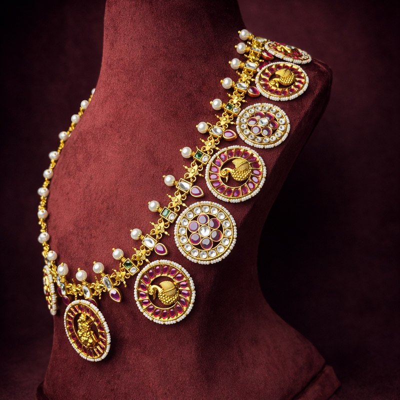 South Indian Necklace Doubles as Vaddanam Ruby Pearl Design