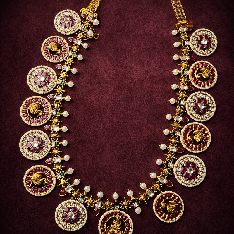 South Indian Necklace Doubles as Vaddanam Ruby Pearl Design