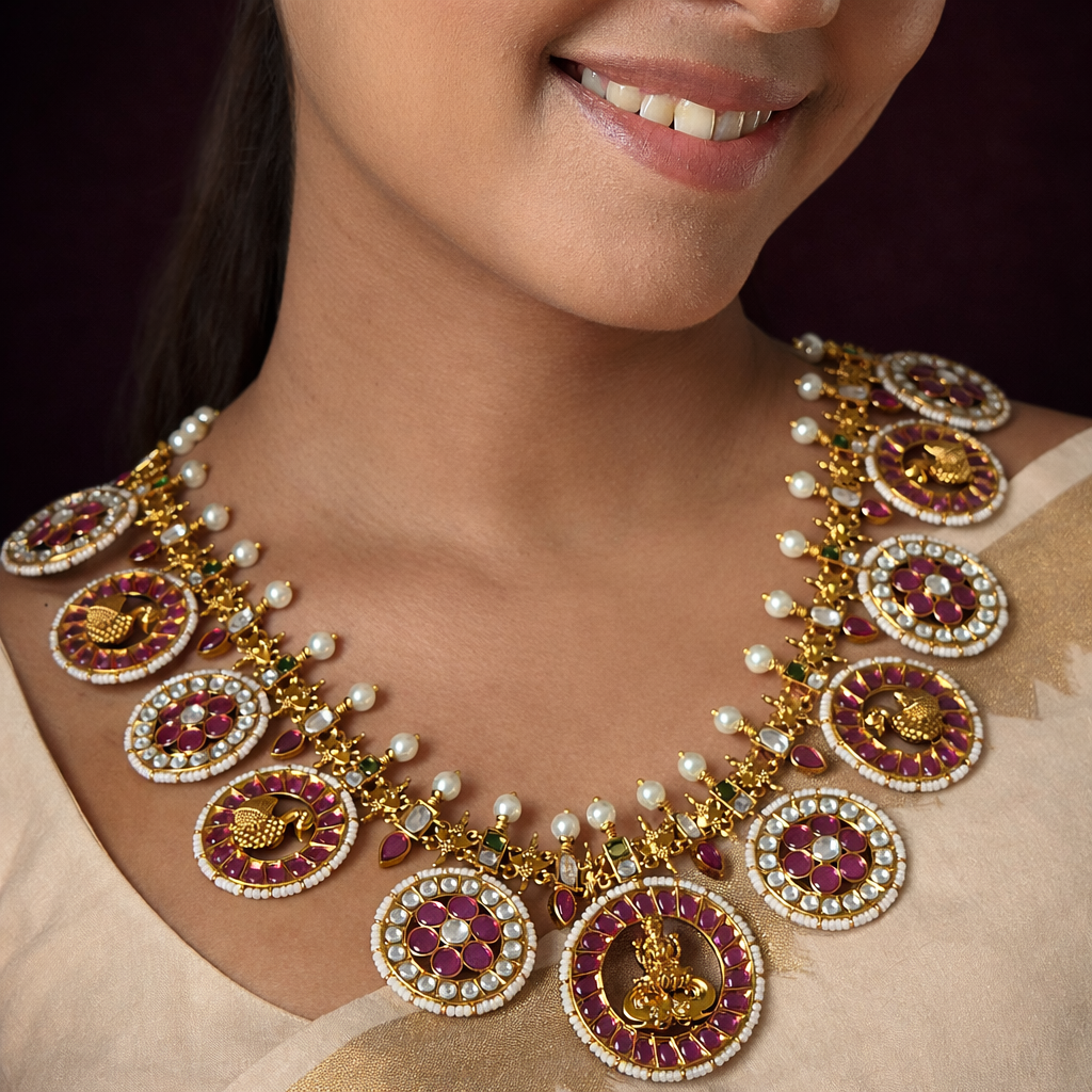 South Indian Necklace Doubles as Vaddanam Ruby Pearl Design