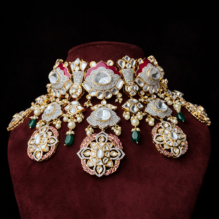 Traditional Ruby Emerald Polki Pearl Choker in 925 Silver Gold Polish