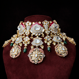 Traditional Ruby Emerald Polki Pearl Choker in 925 Silver Gold Polish