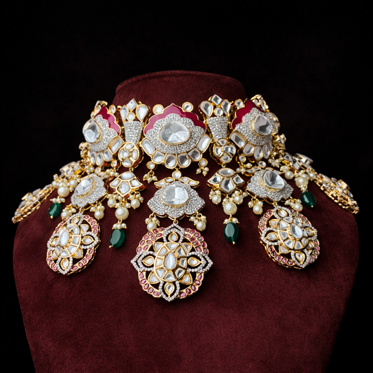 Traditional Ruby Emerald Polki Pearl Choker in 925 Silver Gold Polish